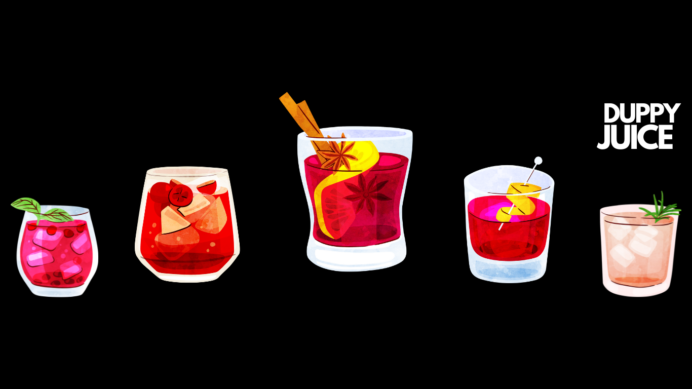 duppy juice website banner with cocktail drinks on a black background